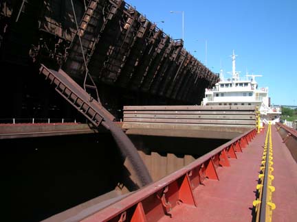 Loading chutes over deck at Two Harbors - M/V Gordon C. Leitch